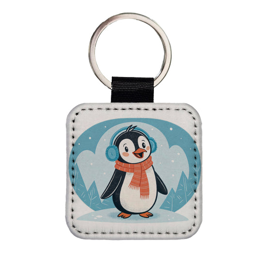 Cute Winter Penguin Scarf Square Faux Leather Keychain