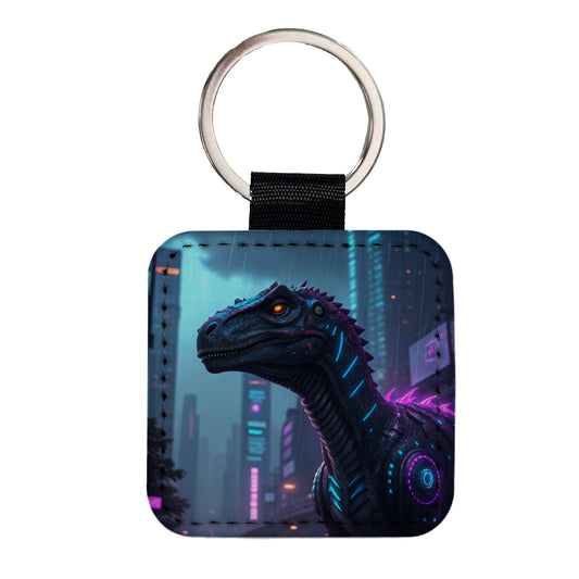 Cyberpunk Dinosaur In City Square Faux Leather Keychain