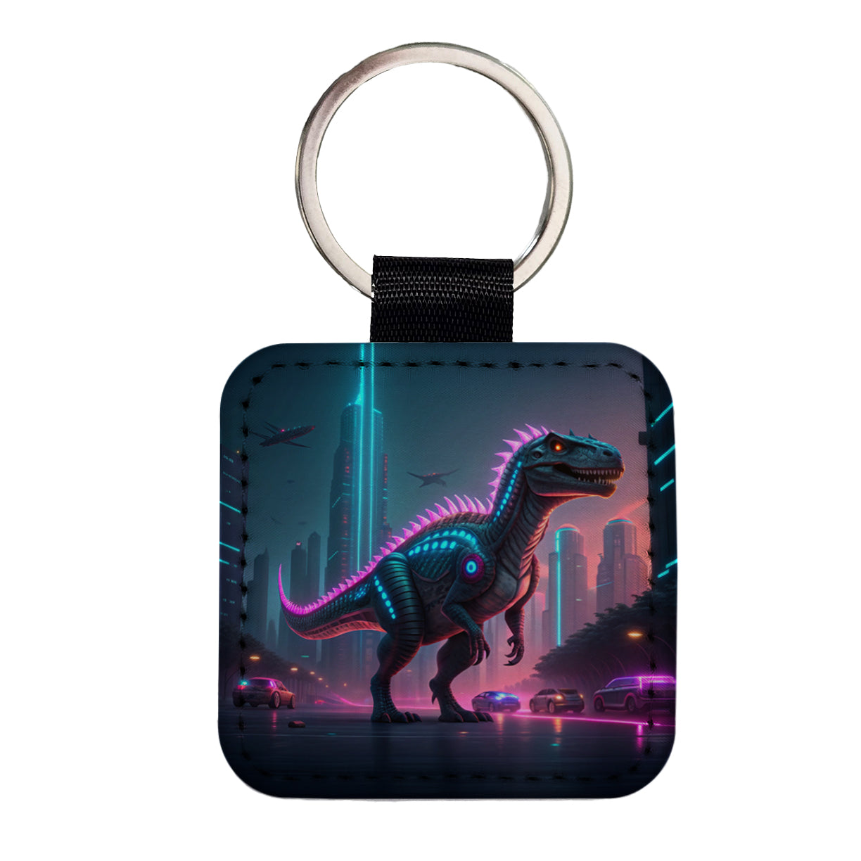Cyberpunk Dinosaur Square Faux Leather Keychain