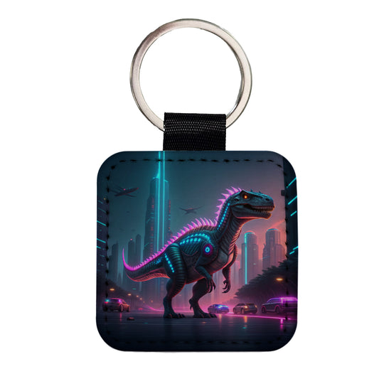 Cyberpunk Dinosaur Square Faux Leather Keychain