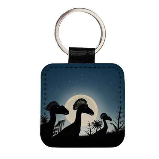Dilophosaurus Silhouettes Dinosaurs Square Faux Leather Keychain