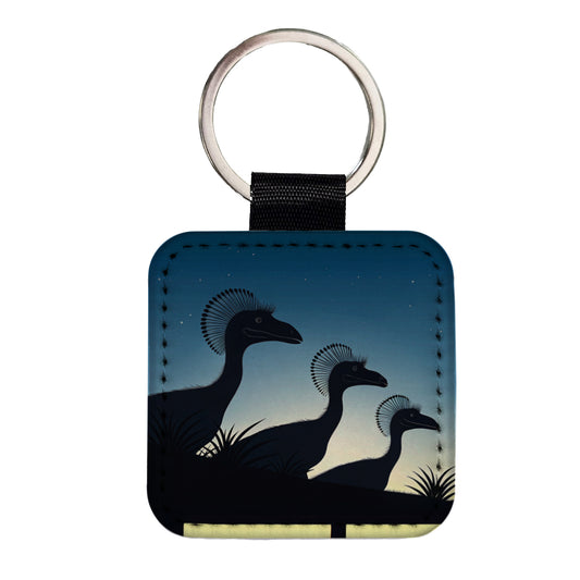 Dilophosaurus Silhouettes Night Dinosaurs Square Faux Leather Keychain
