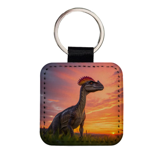 Dilophosaurus Sunset Dinosaur Square Faux Leather Keychain