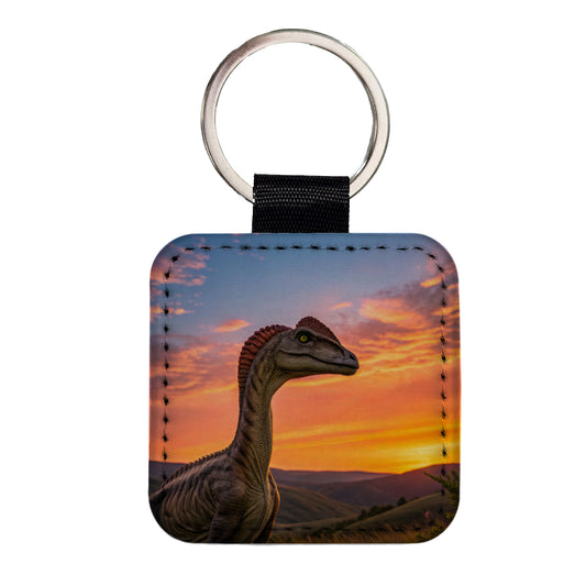 Dilophosaurus Sunset Sunrise Dinosaur Square Faux Leather Keychain