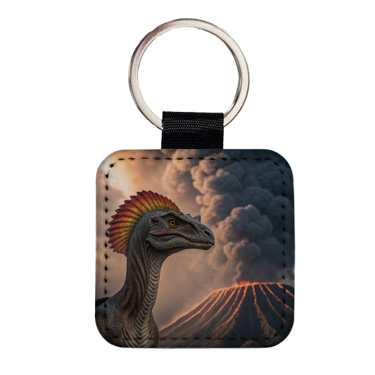 Dilophosaurus Volcano Dinosaur Square Faux Leather Keychain