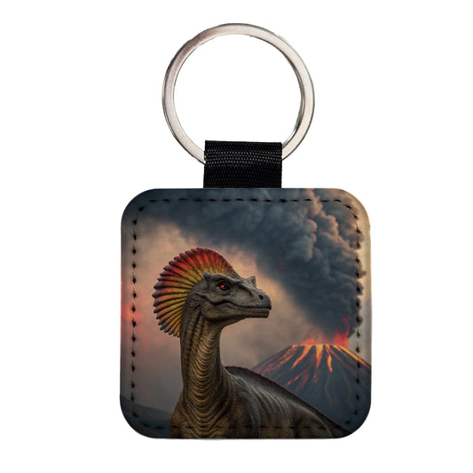 Dilophosaurus Volcano Erupting Dinosaur Square Faux Leather Keychain