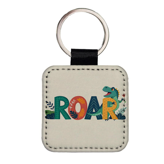 Dinosaur Roar Colorful Text Square Faux Leather Keychain