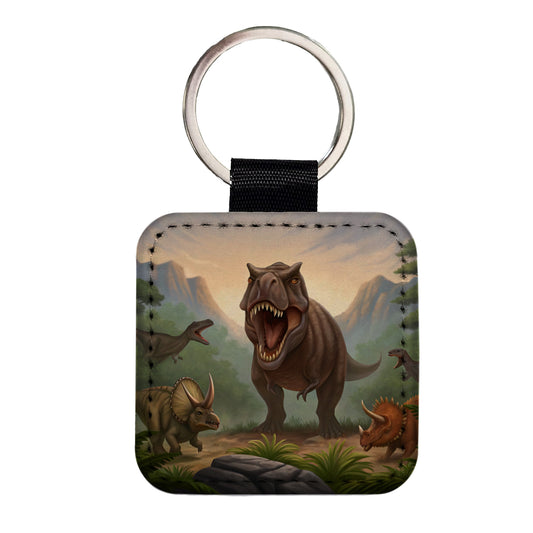 Dinosaurs Battle Square Faux Leather Keychain