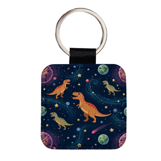 Dinosaurs Floating In Space Galaxy Planets Square Faux Leather Keychain