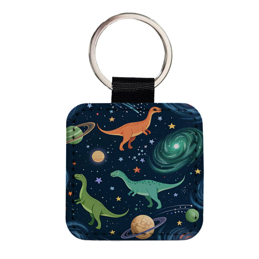 Dinosaurs Floating In Space Galaxy Square Faux Leather Keychain