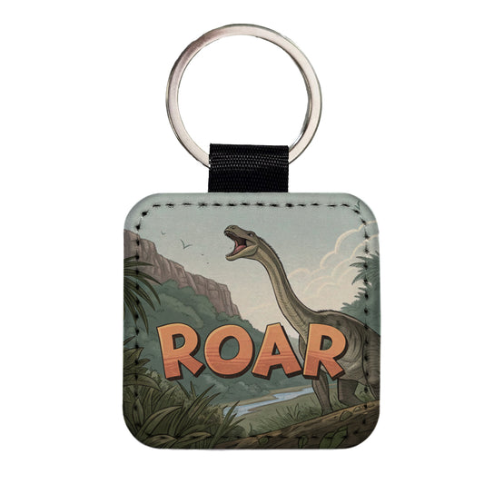Diplodocus Roar Bold Text Dinosaur Square Faux Leather Keychain