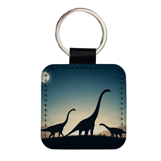 Diplodocus Silhouettes Night Dinosaurs Square Faux Leather Keychain