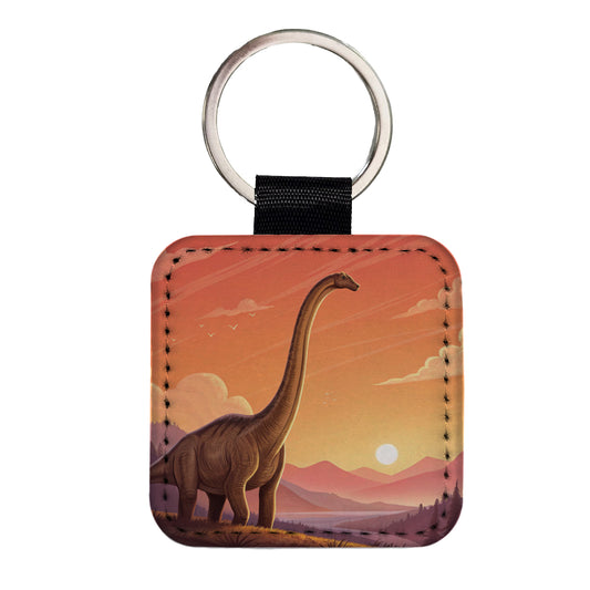 Diplodocus Sunset Dinosaur Square Faux Leather Keychain