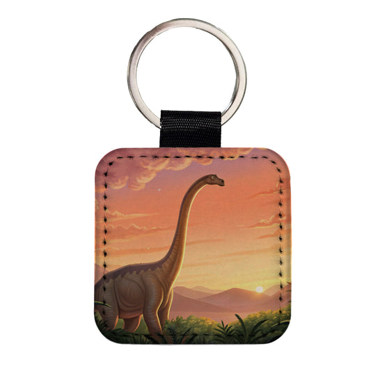 Diplodocus Sunset Sunrise Dinosaur Square Faux Leather Keychain