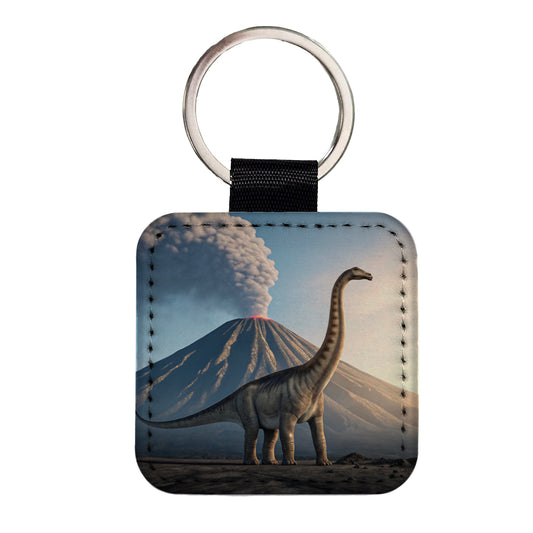 Diplodocus Volcano Dinosaur Square Faux Leather Keychain