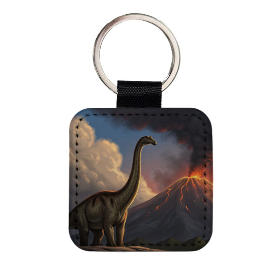 Diplodocus Volcano Erupting Dinosaur Square Faux Leather Keychain