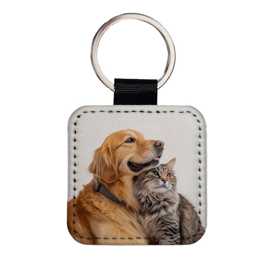 Dog Cat Hugging Love Square Faux Leather Keychain
