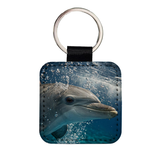 Dolphin Eyes Close Up Ocean Square Faux Leather Keychain