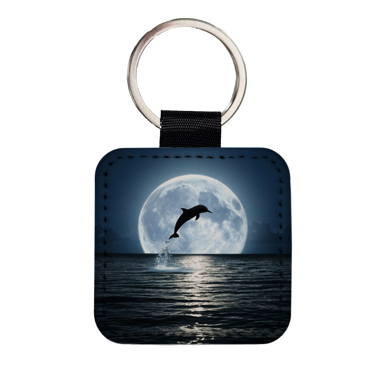 Dolphin Leaping Over Ocean Glowing Moon Square Faux Leather Keychain