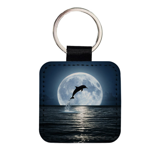 Dolphin Leaping Over Ocean Glowing Moon Square Faux Leather Keychain