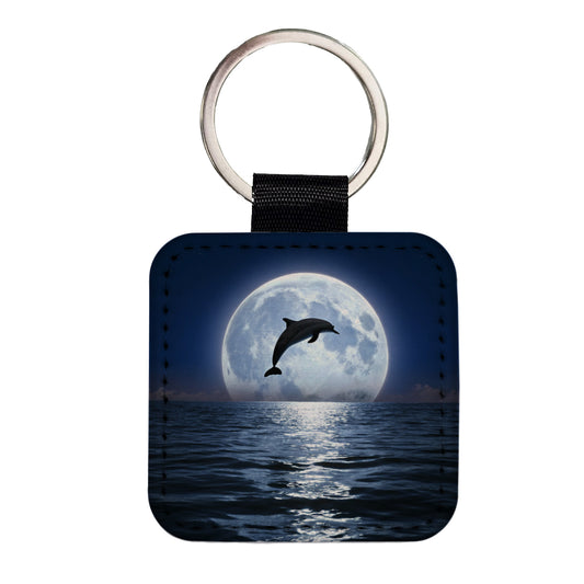 Dolphin Leaping Over Ocean Sea Full Moon Square Faux Leather Keychain