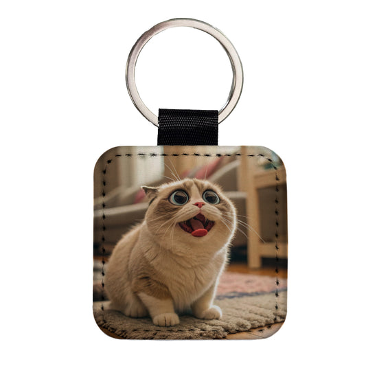 Dopey Cat Funny Square Faux Leather Keychain