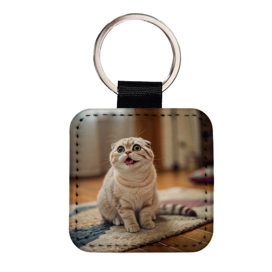 Dopey Cat Silly Square Faux Leather Keychain