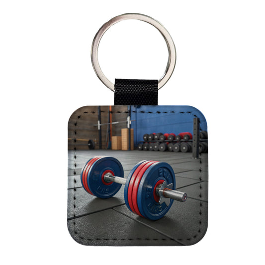 Dumbbells Workout Exercise Gym Square Faux Leather Keychain