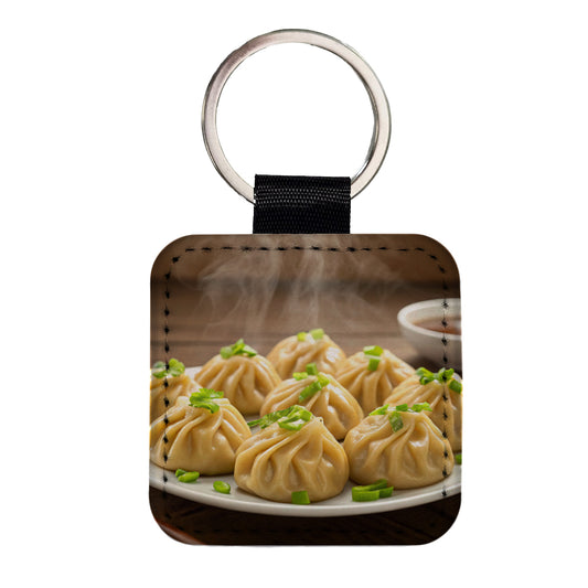 Dumplings Steaming Square Faux Leather Keychain