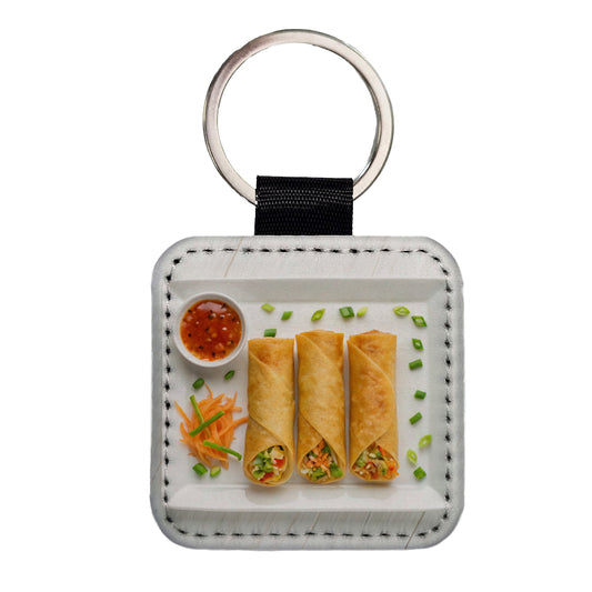 Egg Spring Rolls On Plate Square Faux Leather Keychain