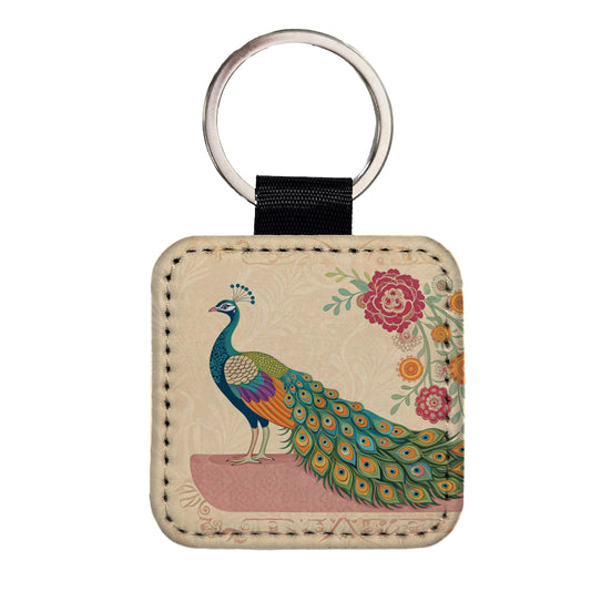 Elegant Peacock Flowers Square Faux Leather Keychain