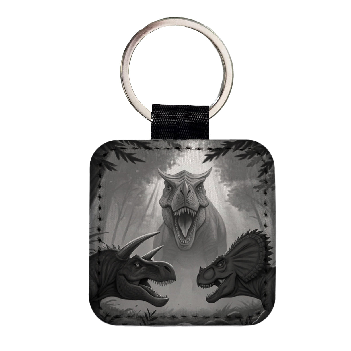 Epic Showdown T-Rex Triceratops Velociraptor Dinosaurs Square Faux Leather Keychain