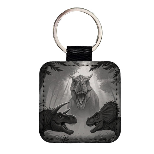 Epic Showdown T-Rex Triceratops Velociraptor Dinosaurs Square Faux Leather Keychain