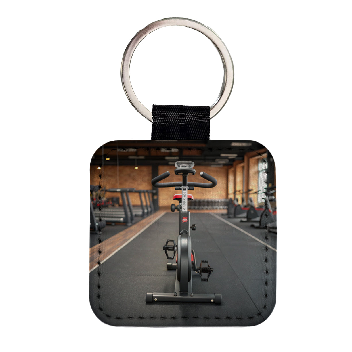 Exercise Bike Cycle Bicycle Square Faux Leather Keychain
