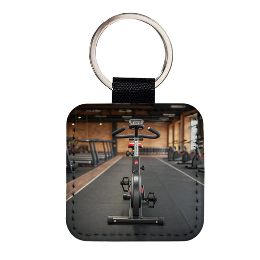 Exercise Bike Cycle Bicycle Square Faux Leather Keychain