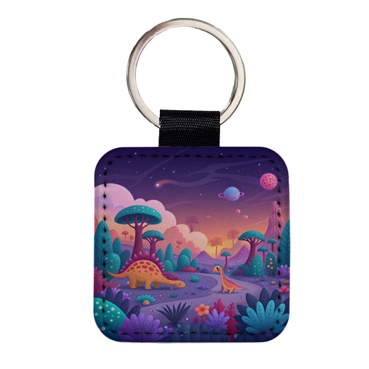 Fantasy Alien Planet Dinosaurs Colorful Square Faux Leather Keychain