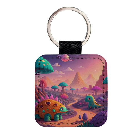 Fantasy Alien Planet Dinosaurs Square Faux Leather Keychain
