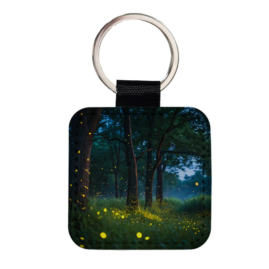 Fireflies At Night Square Faux Leather Keychain