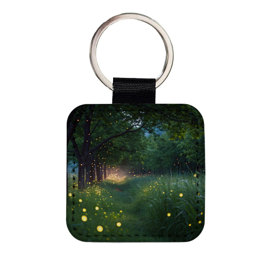 Fireflies In Nature Square Faux Leather Keychain