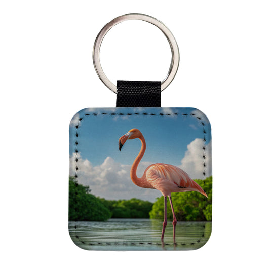 Flamingo Bird Standing In Water Square Faux Leather Keychain