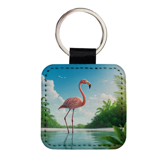 Flamingo Pink Bird In Water Square Faux Leather Keychain