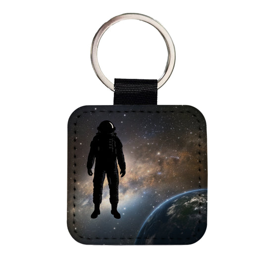 Floating Astronaut Silhouette Earth Space Square Faux Leather Keychain