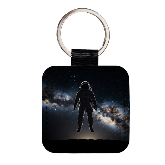 Floating Astronaut Silhouette In Space Square Faux Leather Keychain