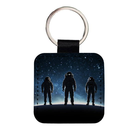 Floating Astronaut Silhouettes Outer Space Square Faux Leather Keychain