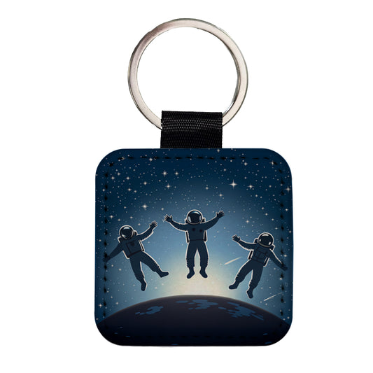 Floating Astronaut Silhouettes Space Square Faux Leather Keychain