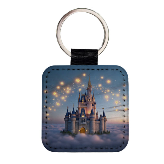 Floating Castle Above Clouds Square Faux Leather Keychain