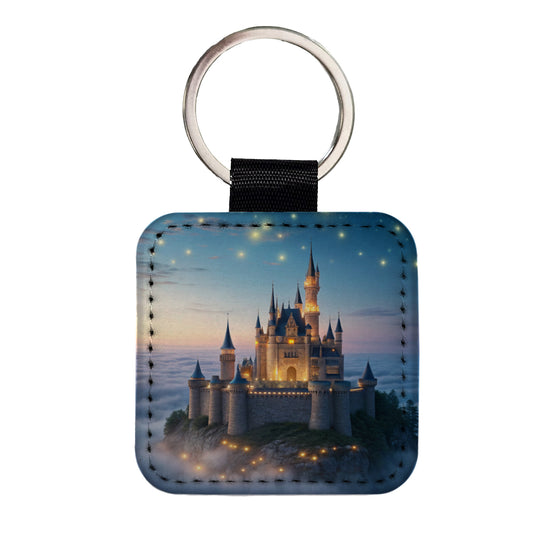 Floating Castle Magic Light Clouds Square Faux Leather Keychain