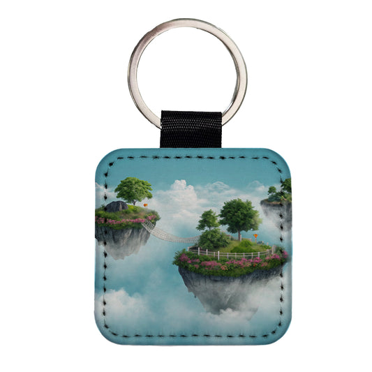 Floating Islands In The Sky Bridge Square Faux Leather Keychain