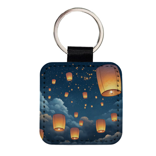 Floating Lanterns In Sky Square Faux Leather Keychain
