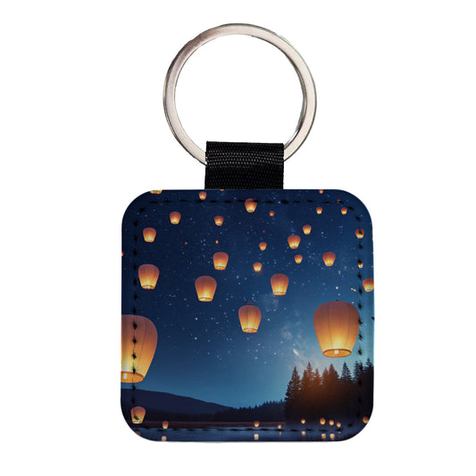 Floating Lanterns Over Lake Square Faux Leather Keychain